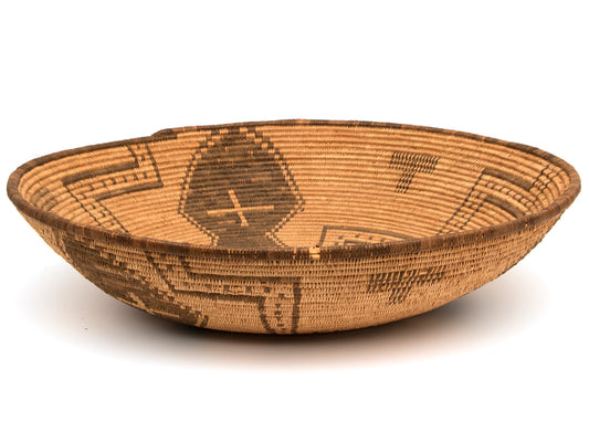 Shallow Basketry Bowl with Pinwheel and Cross Pattern, circa 1890