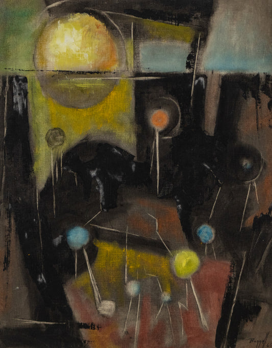 Untitled (Abstract in Black, Yellow, Rust, and Cyan), Painting, dated 1960