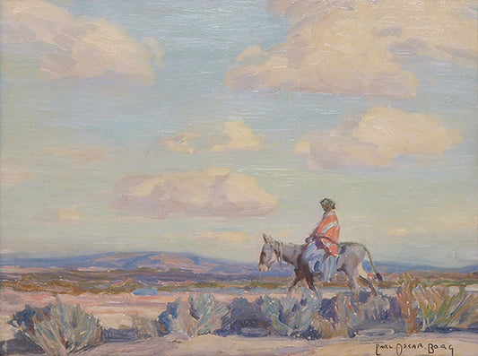 Carl Oscar Borg (1879-1947) artwork for sale. The Squaw, Chinle, Arizona  (Native American Woman on Horseback in a Desert Landscape), Painting, 1920, Denver, Colorado, Art Gallery)