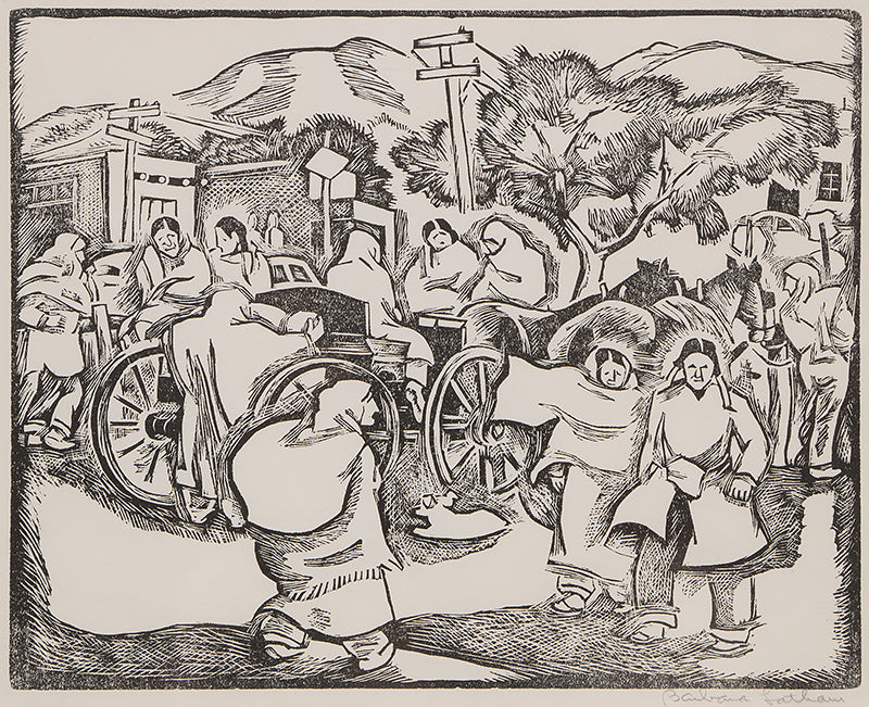Barbara Latham (1896-1989) artwork for sale. Saturday Morning (Market, Taos Plaza, New Mexico), Woodblock, circa 1950, Denver, Colorado, Art Gallery)