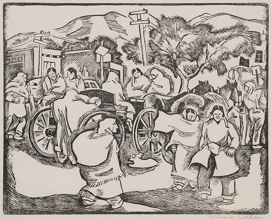 Barbara Latham (1896-1989) artwork for sale. Saturday Morning (Market, Taos Plaza, New Mexico), Woodblock, circa 1950, Denver, Colorado, Art Gallery)