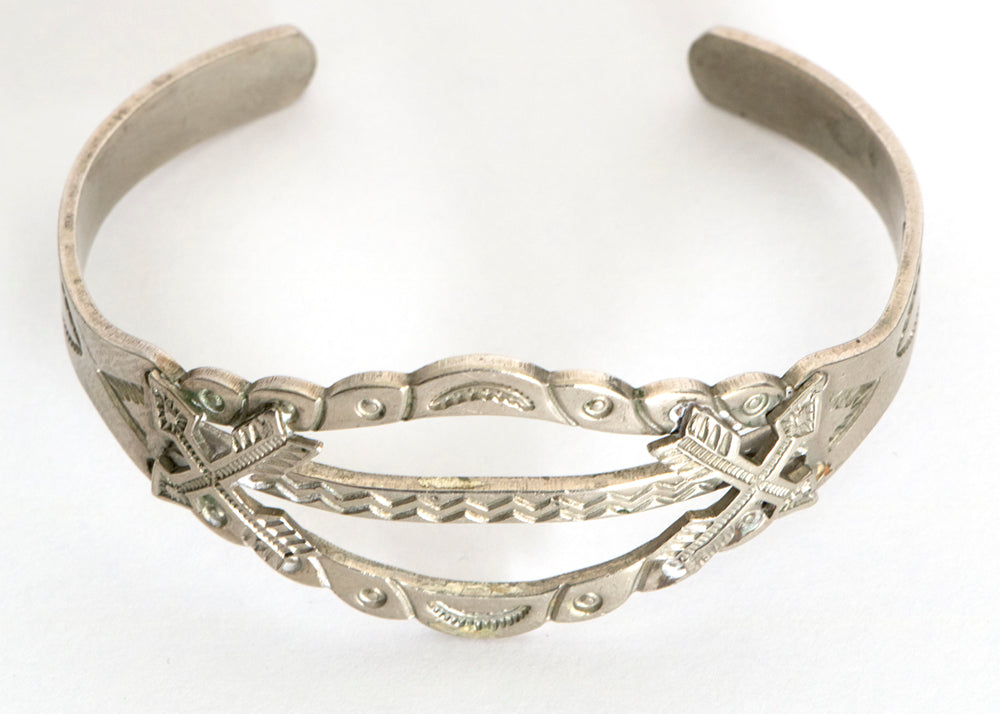 Navajo (Diné) artwork for sale. Silver Stamped Cuff Bracelet with Arrow Motifs, circa 1950, Denver, Colorado, Art Gallery)