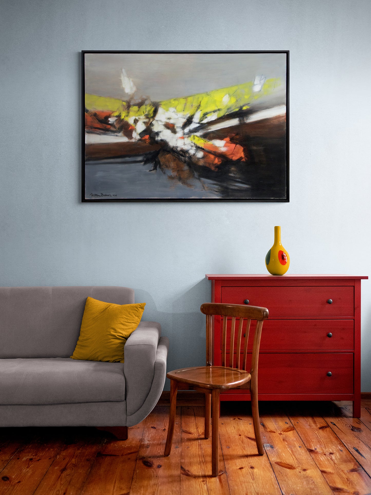 Along the Way (Abstract in Gray, Black, White, Yellow, and Orange), Painting, dated 1960