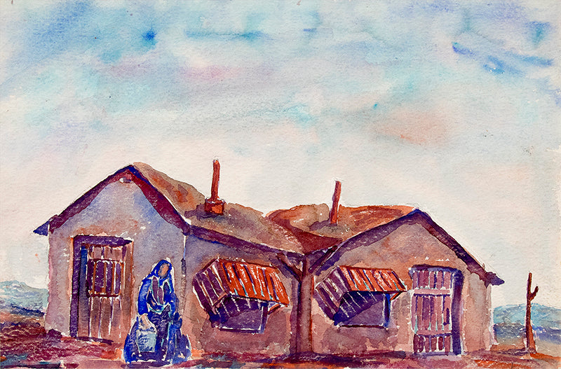 Frank Gates, Untitled (Woman Carrying Water with Adobe House), circa 1945, watercolor on paper Painting