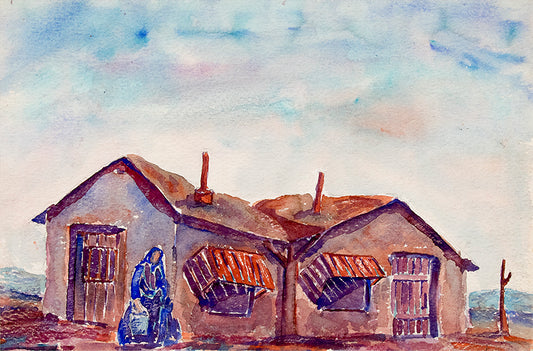 Untitled (Woman Carrying Water with Adobe House), Painting, circa 1945