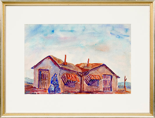 Untitled (Woman Carrying Water with Adobe House), Painting, circa 1945