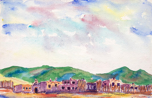 Untitled (Landscape of Adobe Buildings with Mountains), Painting