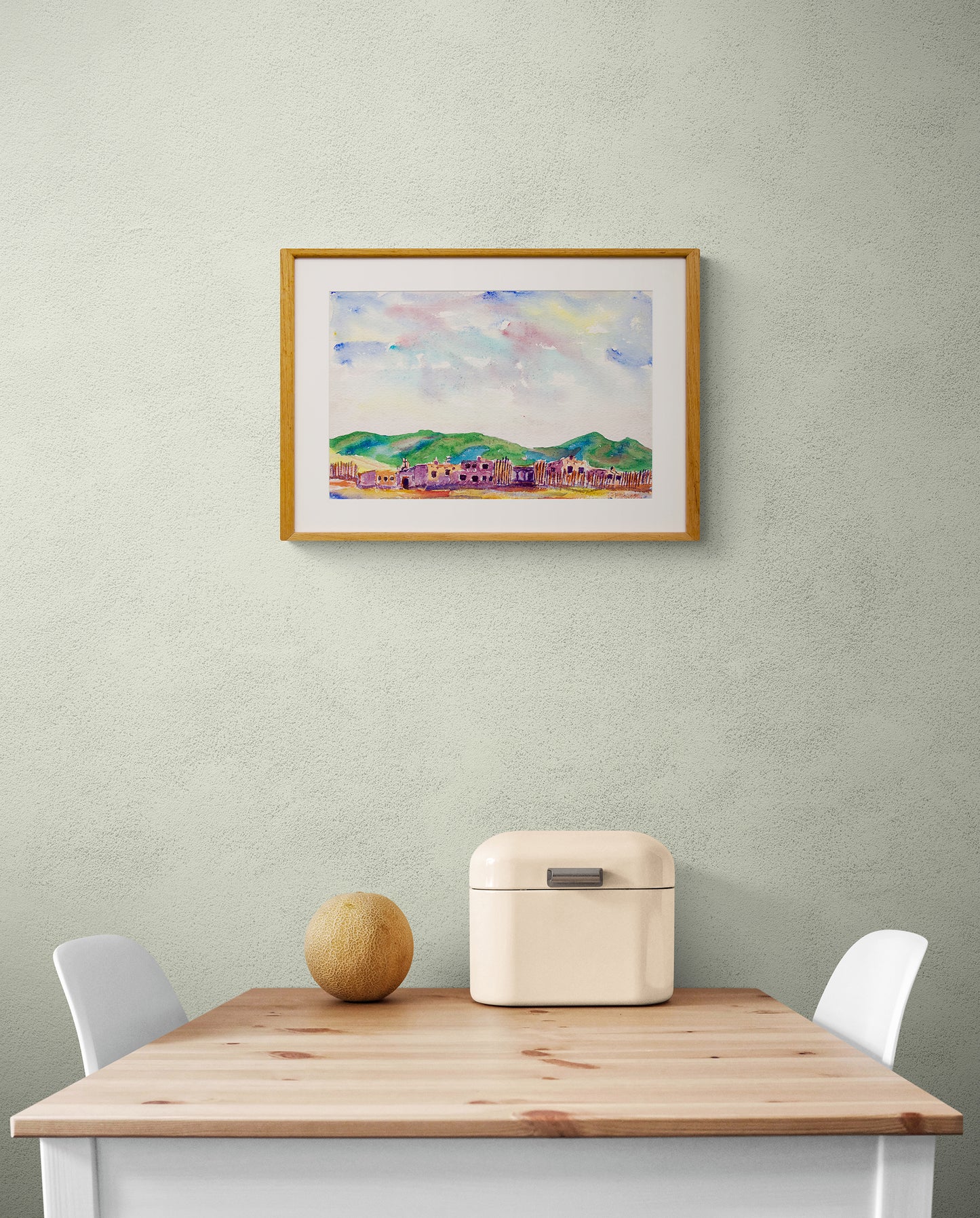 Untitled (Landscape of Adobe Buildings with Mountains), Painting