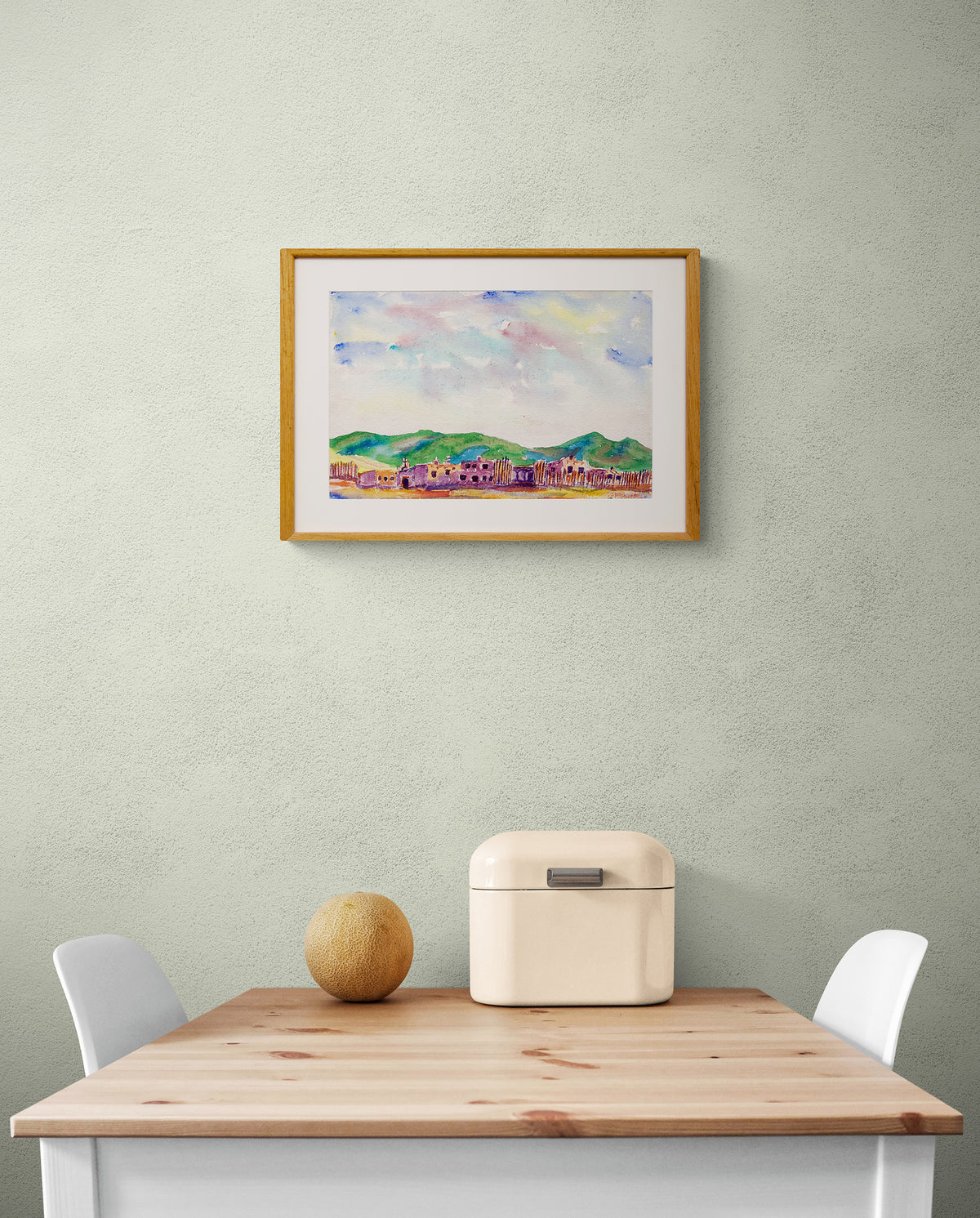 Untitled (Landscape of Adobe Buildings with Mountains), Painting