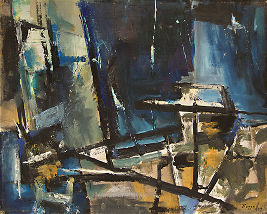 Untitled (Abstract in Black, Blue, White, and Gold), Painting, 1959