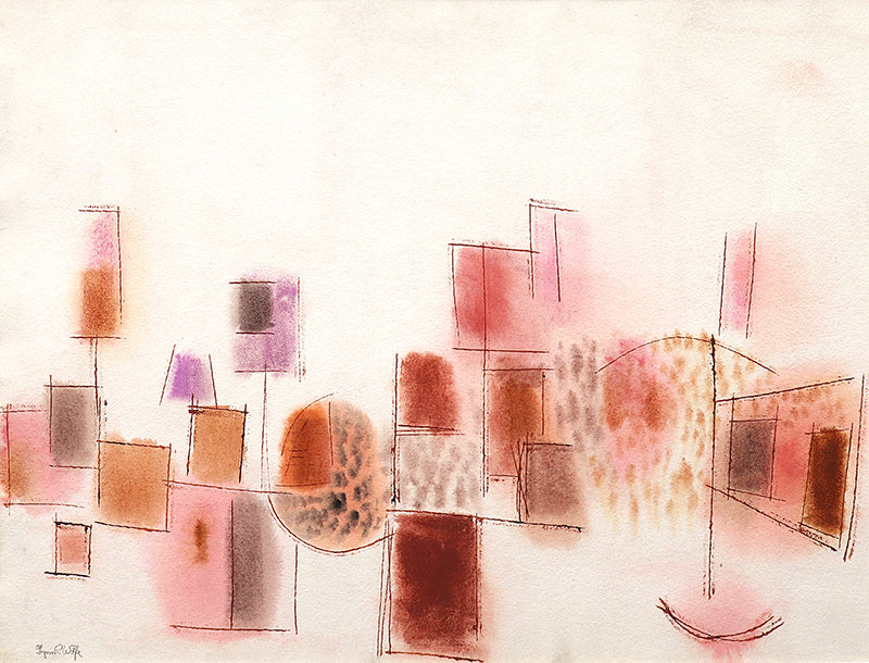 Lynn Wolfe (1917-2019) artwork for sale. Untitled (Geometric Abstract in Red, Pink, and Taupe), Painting, Denver, Colorado, Art Gallery)