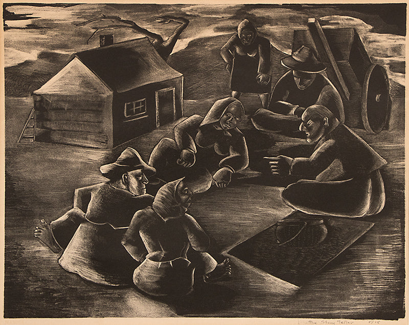 Maxwell Mandell (1907-2002) artwork for sale. The Story Teller; 5/15 (Figures and Hut), Print, circa 1940, Denver, Colorado, Art Gallery)