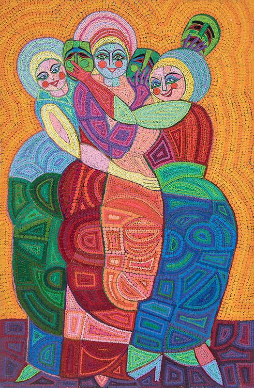 Edward Marecak (1919-1993) artwork for sale. Behind The Masks (Three Women with Masks), Painting, circa 1990, Denver, Colorado, Art Gallery)