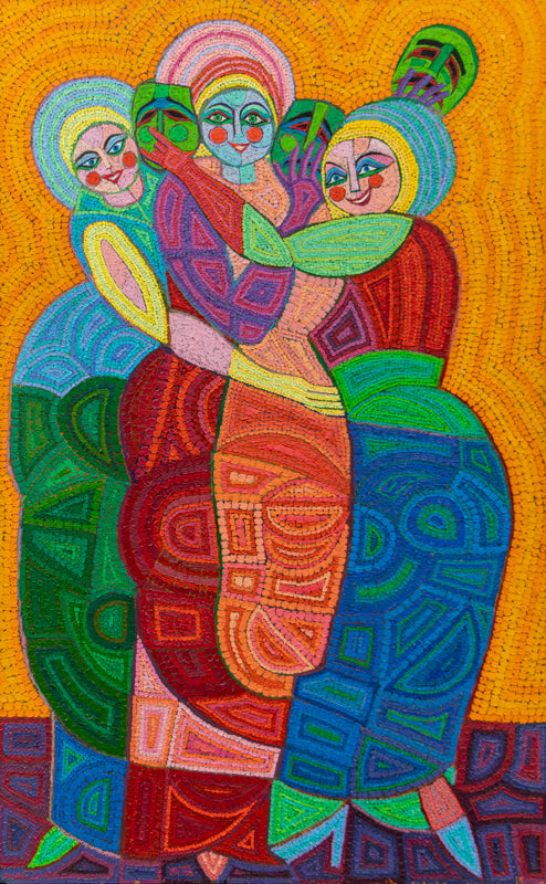 Behind The Masks (Three Women with Masks), Painting, circa 1990
