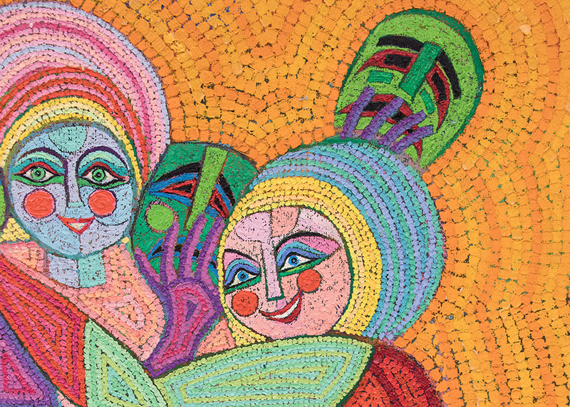 Behind The Masks (Three Women with Masks), Painting, circa 1990
