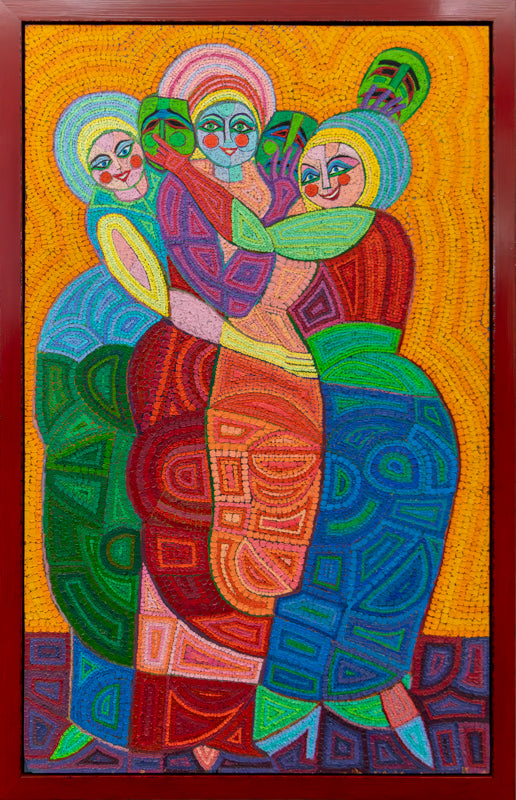 Behind The Masks (Three Women with Masks), Painting, circa 1990