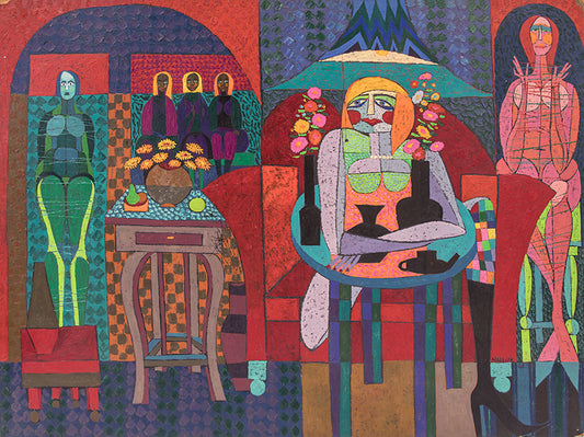 Edward Marecak (1919-1993) artwork for sale. Medea & the Web of Entanglement (Interior Scene with Six Women), Painting, 1968, Denver, Colorado, Art Gallery)