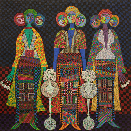 Edward Marecak (1919-1993) artwork for sale. Three Fates with Three Faces (Three Female Figures), Painting, 1990, Denver, Colorado, Art Gallery)