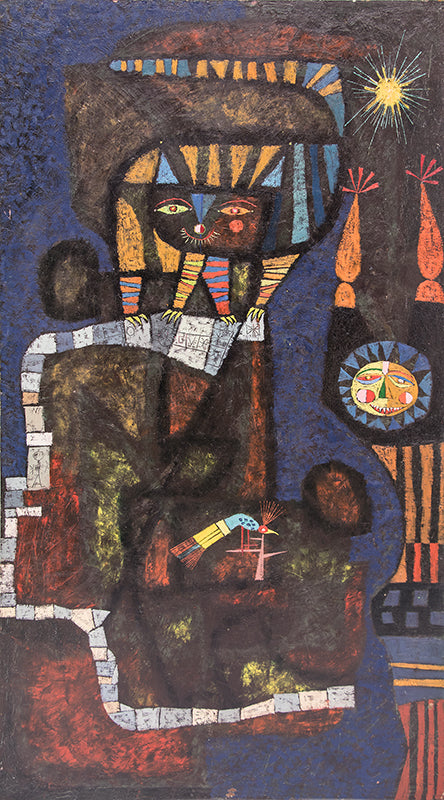 I Send Evil into the Night (Abstract with Figure, Bird, and Cat), Painting, 1956