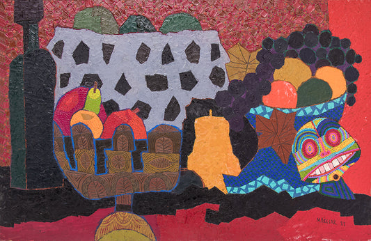 Edward Marecak (1919-1993) artwork for sale. Still Life (with Fruit and Mask), Painting, 1982, Denver, Colorado, Art Gallery)