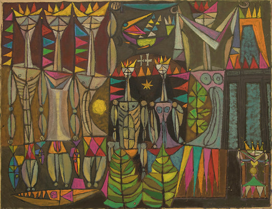 Edward Marecak (1919-1993) artwork for sale. Sun, Moon and Stars (Abstract with People, Birds, and Fish), Painting, 1949, Denver, Colorado, Art Gallery)