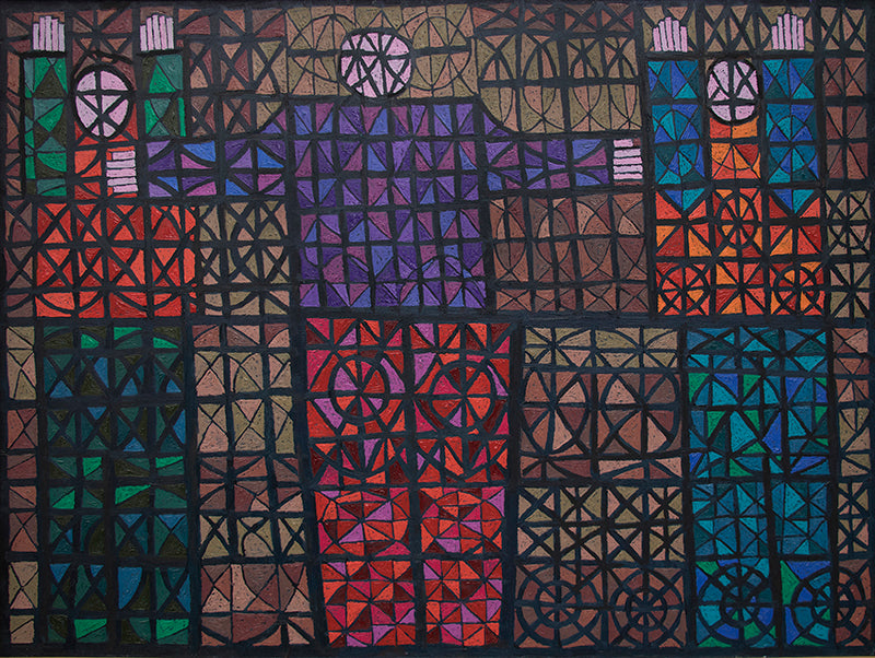 Edward Marecak (1919-1993) artwork for sale. Three Figures Caught in Stained Glass, Painting, 1989, Denver, Colorado, Art Gallery)