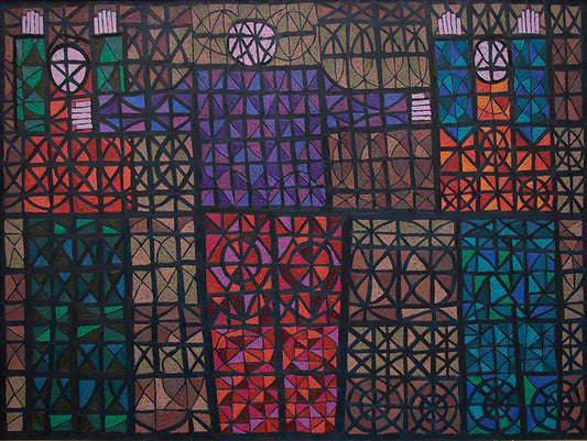 Edward Marecak (1919-1993) artwork for sale. Three Figures Caught in Stained Glass, Painting, 1989, Denver, Colorado, Art Gallery)