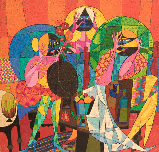 Edward Marecak (1919-1993) artwork for sale. The Three Fates Trying on New Faces (Three Women), Painting, 1972, Denver, Colorado, Art Gallery)