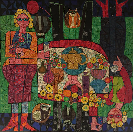 Edward Marecak (1919-1993) artwork for sale. Two Mystic Ladies with Four Cats ("Cat Ladies"), Painting, 1988, Denver, Colorado, Art Gallery)