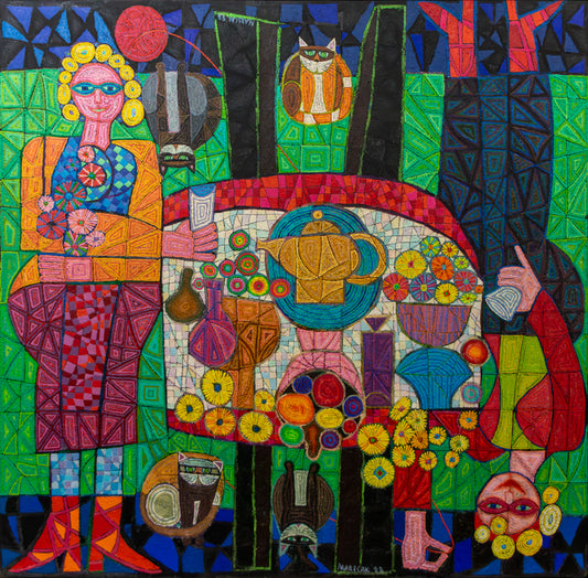 Two Mystic Ladies with Four Cats ("Cat Ladies"), Painting, 1988