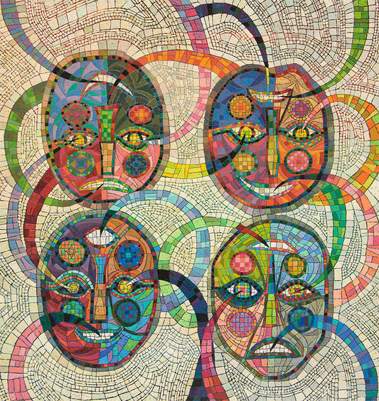 Edward Marecak (1919-1993) artwork for sale. Floating Heads (Abstracted Masks), Painting, 1990, Denver, Colorado, Art Gallery)