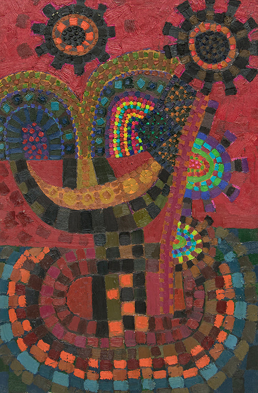 Edward Marecak (1919-1993) artwork for sale. Plant Forms (Abstract in Black, Red, Orange, Blue, and Violet), Painting, 1987, Denver, Colorado, Art Gallery)