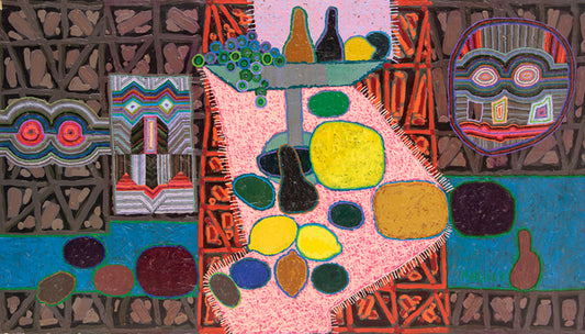 Edward Marecak (1919-1993) artwork for sale. Still Life (Table with Fruit and Masks), Painting, 1984, Denver, Colorado, Art Gallery)