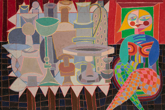 Edward Marecak (1919-1993) artwork for sale. Happy Potter (Abstracted Woman with Pottery), Painting, 1980, Denver, Colorado, Art Gallery)
