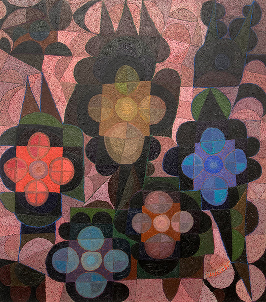 Edward Marecak (1919-1993) artwork for sale. Floating Shapes (Abstract in Pink, Coral, Yellow, Blue, and Black), Painting, 1985, Denver, Colorado, Art Gallery)