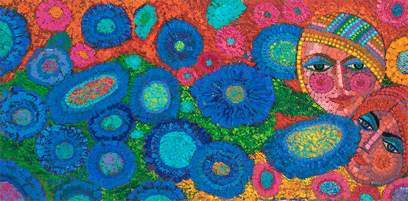 Edward Marecak (1919-1993) artwork for sale. We Are Behind The Flowers (Two Women), Painting, 1983, Denver, Colorado, Art Gallery)