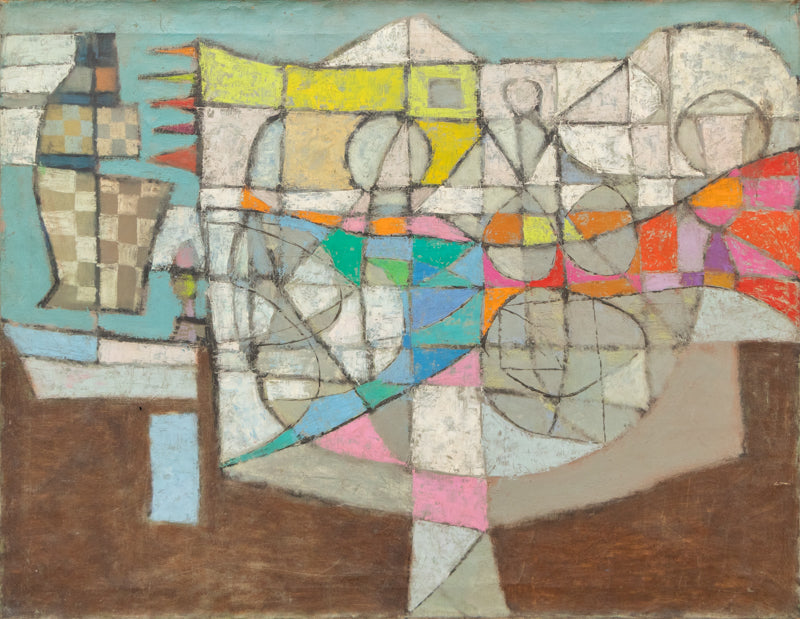 Edward Marecak (1919-1993) artwork for sale. To Troy, To Troy (Abstract in Brown, Blue, Gray, Red, and Yellow), Painting, 1950, Denver, Colorado, Art Gallery)
