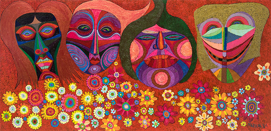 Edward Marecak (1919-1993) artwork for sale. Masks And Flowers (Four Faces with Masks), Painting, 1984, Denver, Colorado, Art Gallery)