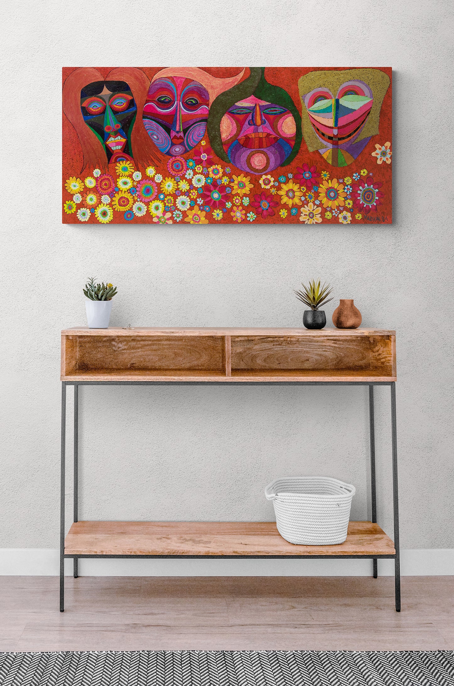 Masks And Flowers (Four Faces with Masks), Painting, 1984
