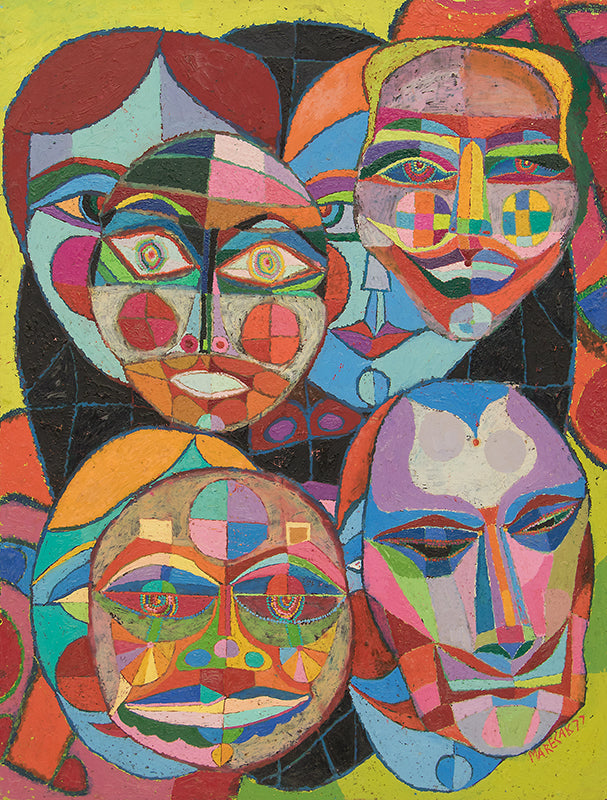 Edward Marecak (1919-1993) artwork for sale. Good and Evil (Faces with Masks), Painting, 1977, Denver, Colorado, Art Gallery)