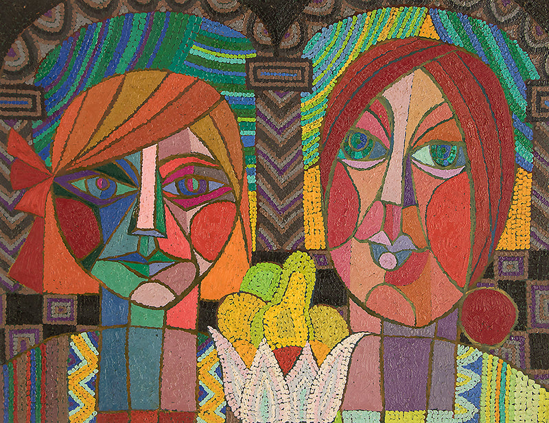 Edward Marecak (1919-1993) artwork for sale. Two Mysterious Ladies (Woman with Fruit), Painting, 1985, Denver, Colorado, Art Gallery)