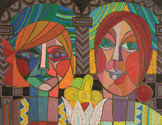 Edward Marecak (1919-1993) artwork for sale. Two Mysterious Ladies (Woman with Fruit), Painting, 1985, Denver, Colorado, Art Gallery)