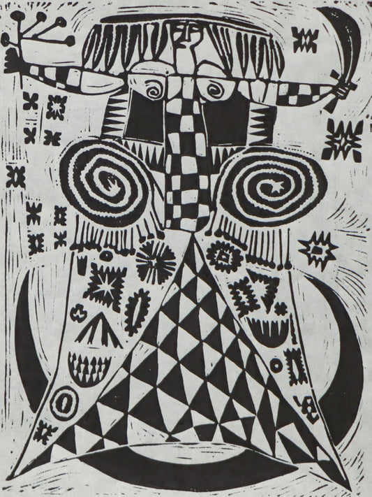 Untitled (Abstracted Figure Holding Sword and Branch), Print, circa 1940-1970