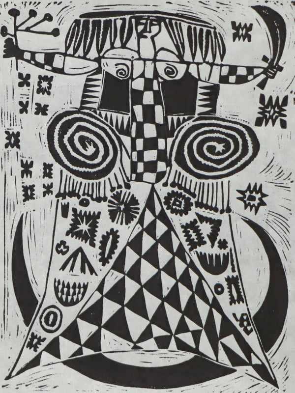 Untitled (Abstracted Figure Holding Sword and Branch), Print, circa 1940-1970
