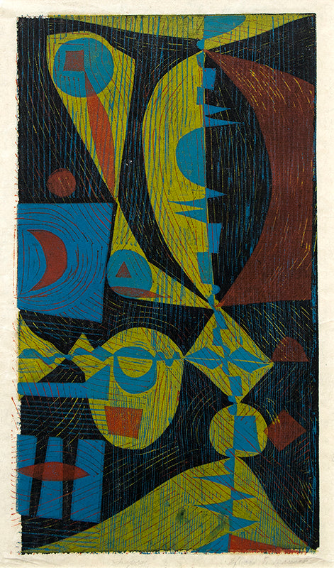 Edward Marecak (1919-1993) artwork for sale. Shapes (Abstract in Black, Umber, Chartreuse, and Blue), Print, circa 1960-1980, Denver, Colorado, Art Gallery)