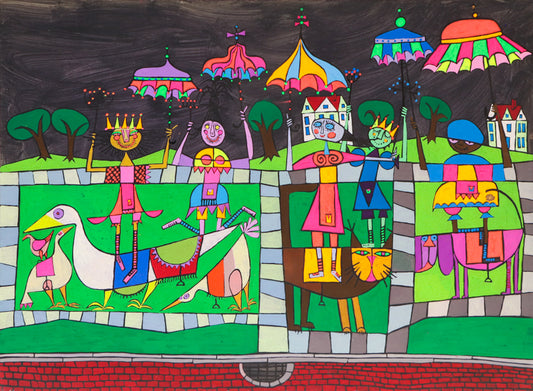 Witches Going to a Party (Five Witches with a Cat, a Dog, and some Geese), Painting, 1970