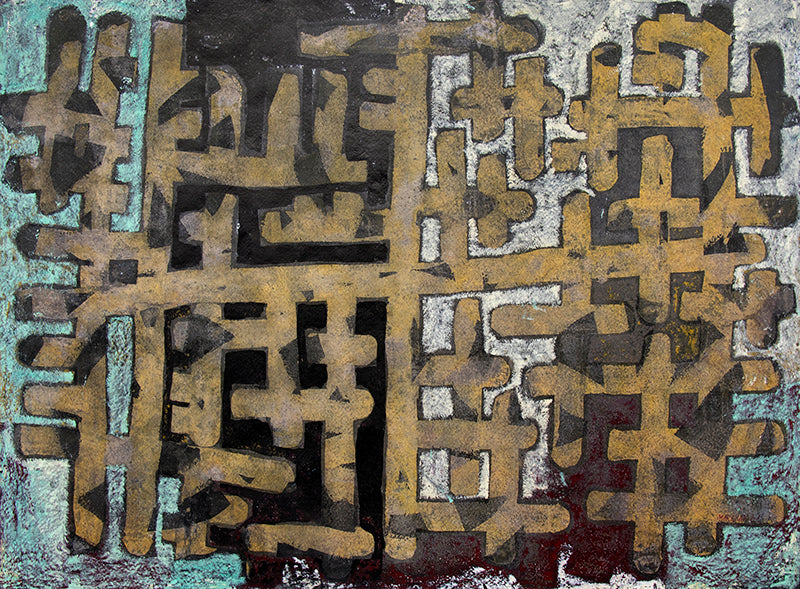 Edward Marecak (1919-1993) artwork for sale. Calligraphy (Abstract in Ochre, Cyan, Black, and White), Painting, 1964, Denver, Colorado, Art Gallery)