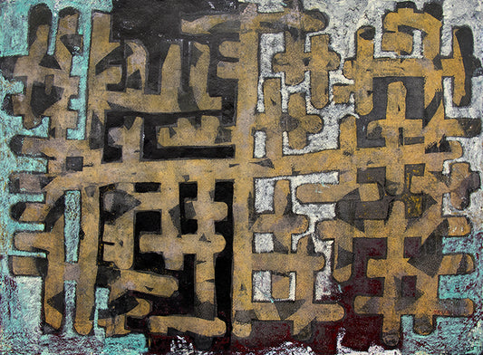 Edward Marecak (1919-1993) artwork for sale. Calligraphy (Abstract in Ochre, Cyan, Black, and White), Painting, 1964, Denver, Colorado, Art Gallery)