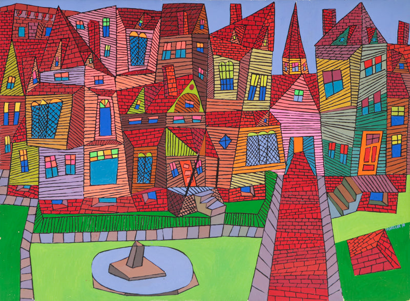 Edward Marecak (1919-1993) artwork for sale. Problems in Perspective #1 (Semi Abstract Street Scene), Painting, 1970, Denver, Colorado, Art Gallery)