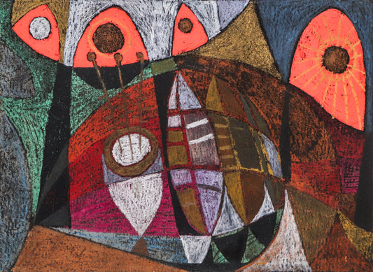 Edward Marecak (1919-1993) artwork for sale. Suns Over the Mountains (Abstract in Red, Orange, Green, White, and Ochre), Painting, 1960, Denver, Colorado, Art Gallery)
